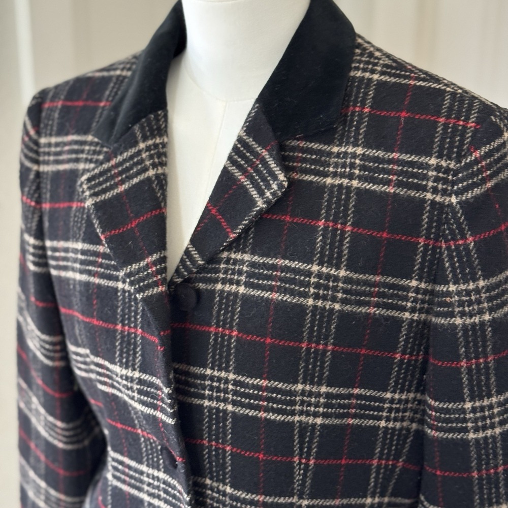 Vtg 80s‎ 90s Chaus Tartan Plaid Lambs Wool Blazer Sz 14P Christmas Velvet Office